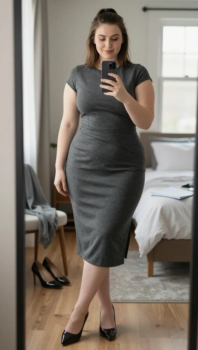 Grey Jersey Cap Sleeve Midi Dress + Black Patent Pointed Toe Pumps