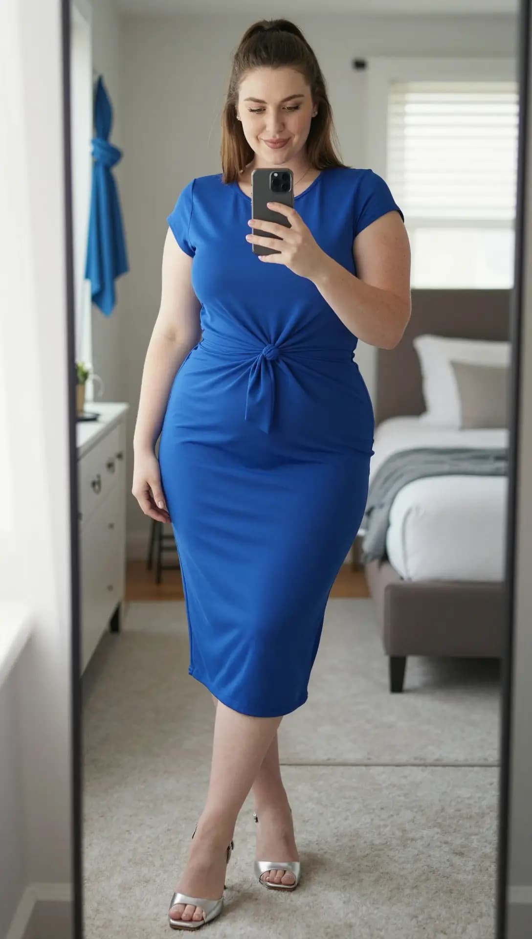 Royal Blue Knit Midi Dress + Silver Strappy Heels
