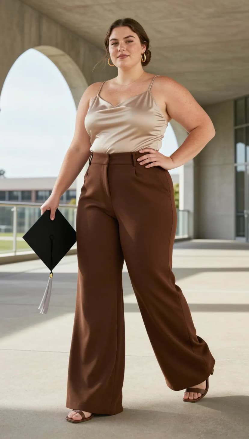 Champagne Satin Camisole + Brown Wide-Leg Trousers + Brown Flat Sandals