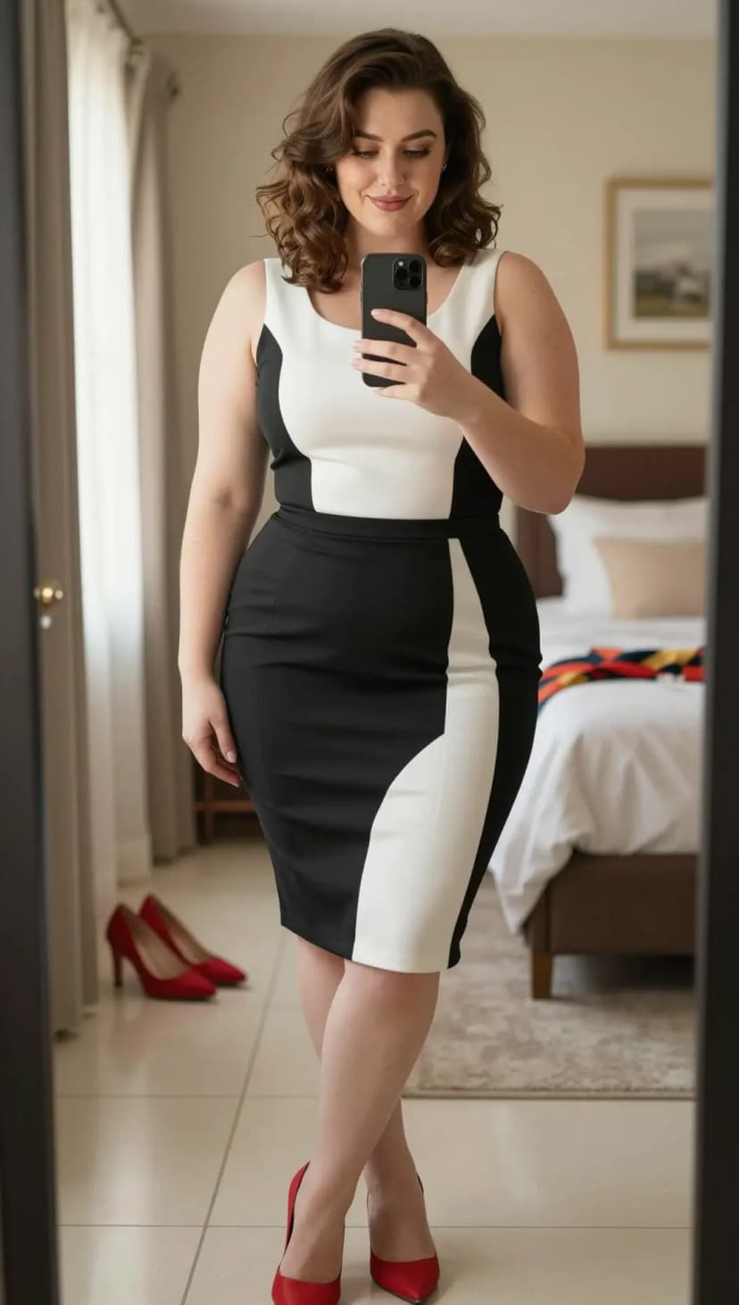 Black and White Colorblock Sheath Dress + Red Satin Pointed-Toe Heels
