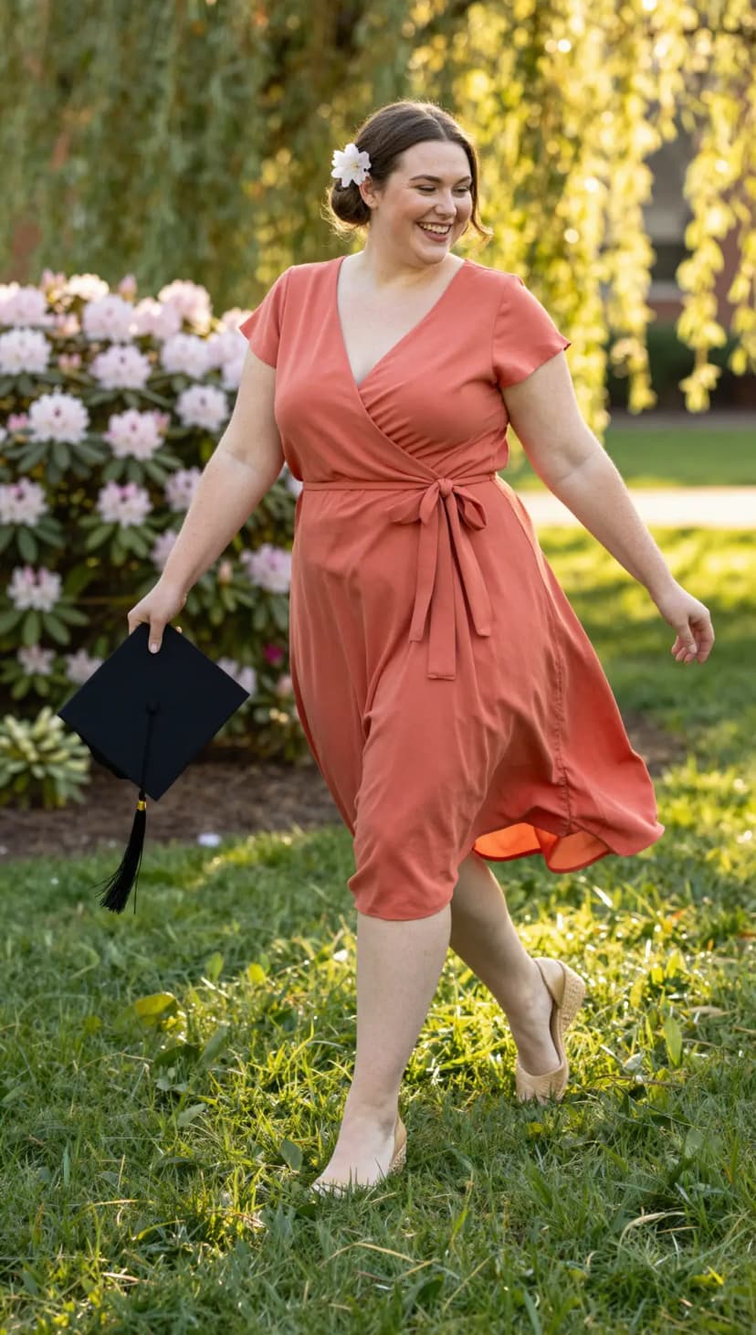 Coral Linen Wrap Dress + Tan Woven Wedge Espadrilles + White Flower Hair Clip