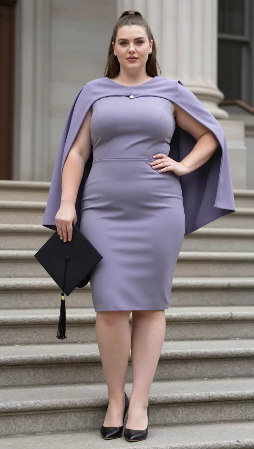 Lavender Scuba Cape Dress + Black Pointed-Toe Pumps