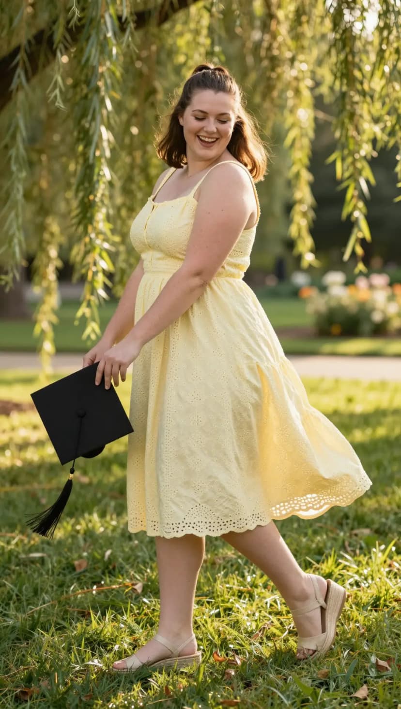 Pale Yellow Eyelet Cotton Sundress + Beige Espadrille Wedges