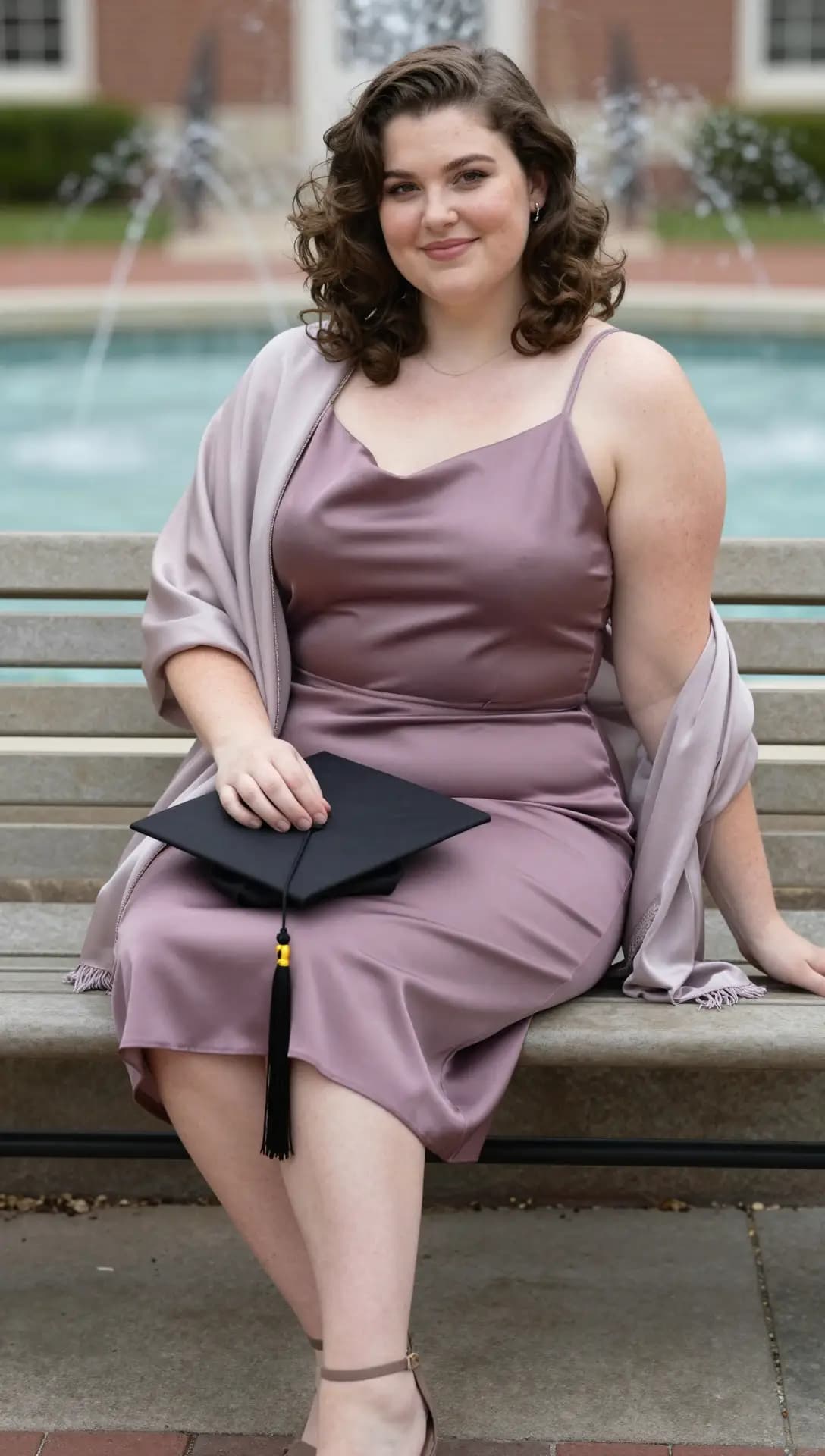 Dusty Rose Satin Slip Dress + Lavender Silk Shawl + Taupe Ankle Strap Heels