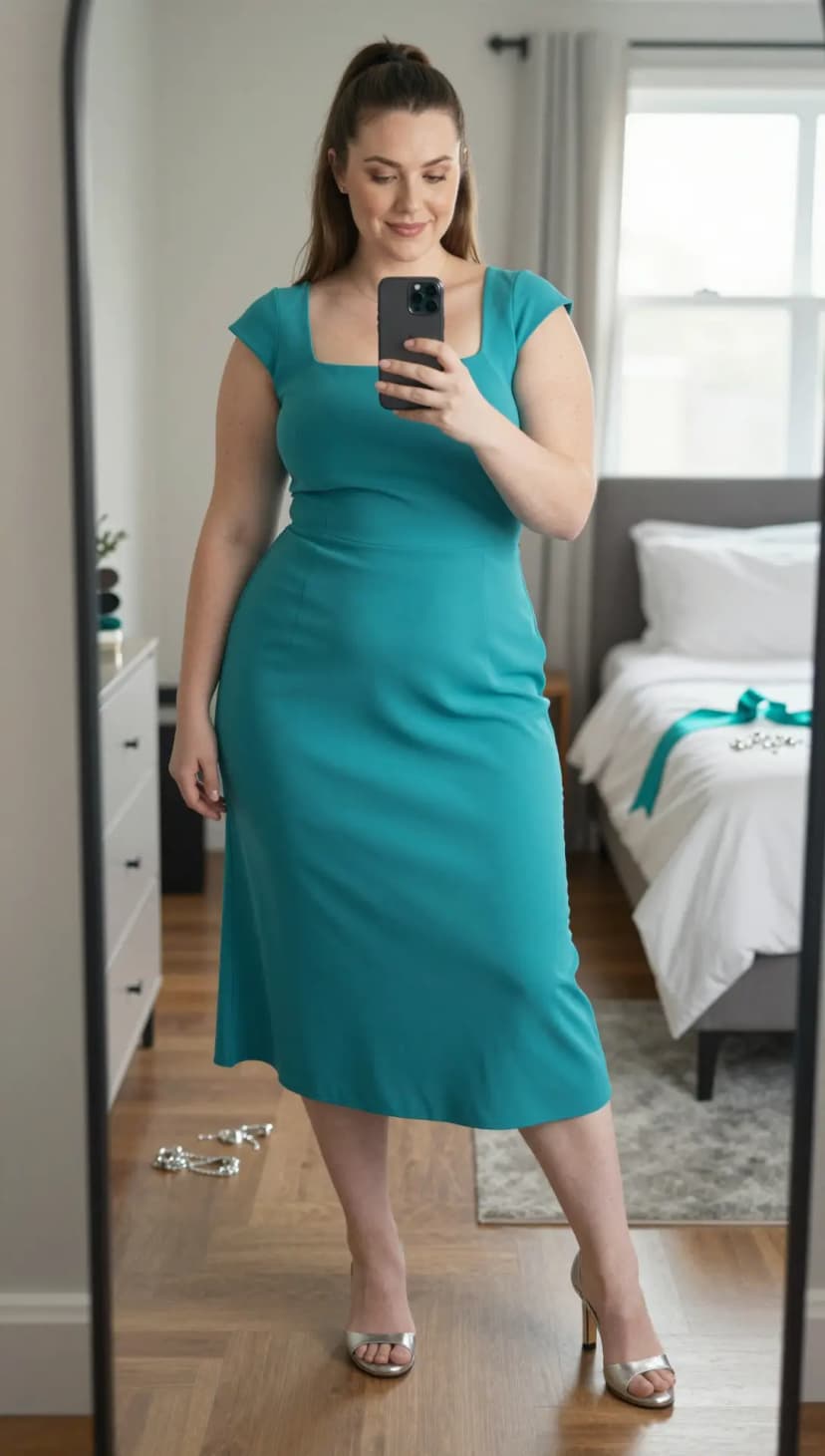 Teal Crepe Square Neck Dress + Silver Strappy Heels