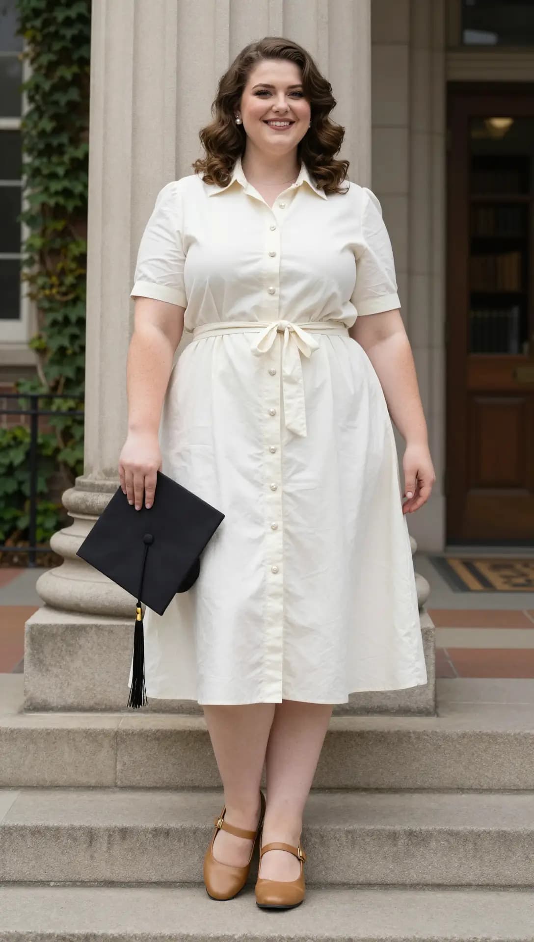 Cream Cotton Shirt Dress + Tan Mary Jane Flats