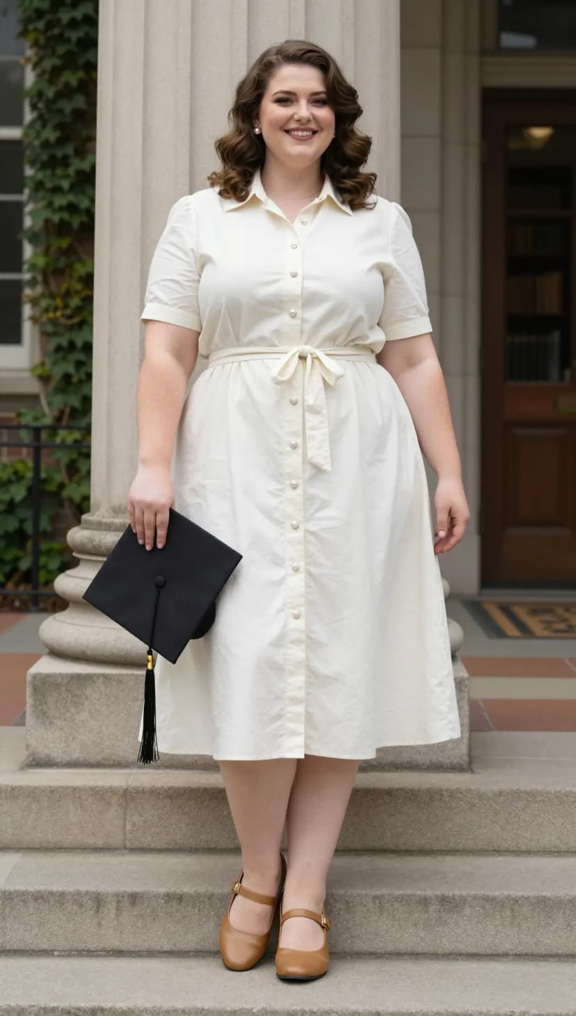 Cream Cotton Shirt Dress + Tan Mary Jane Flats