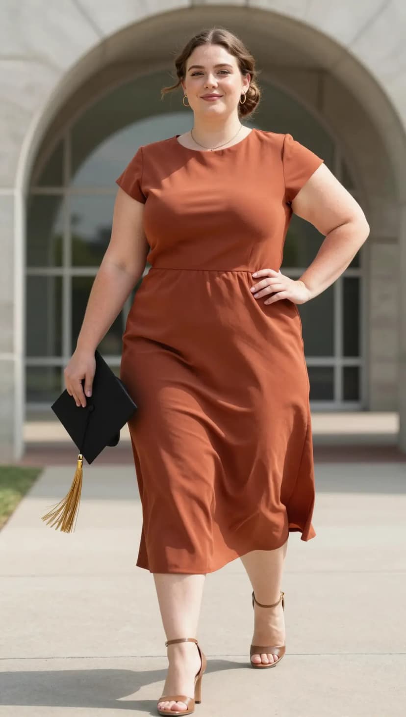 Rust Crepe Midi Dress + Tan Strappy Heels