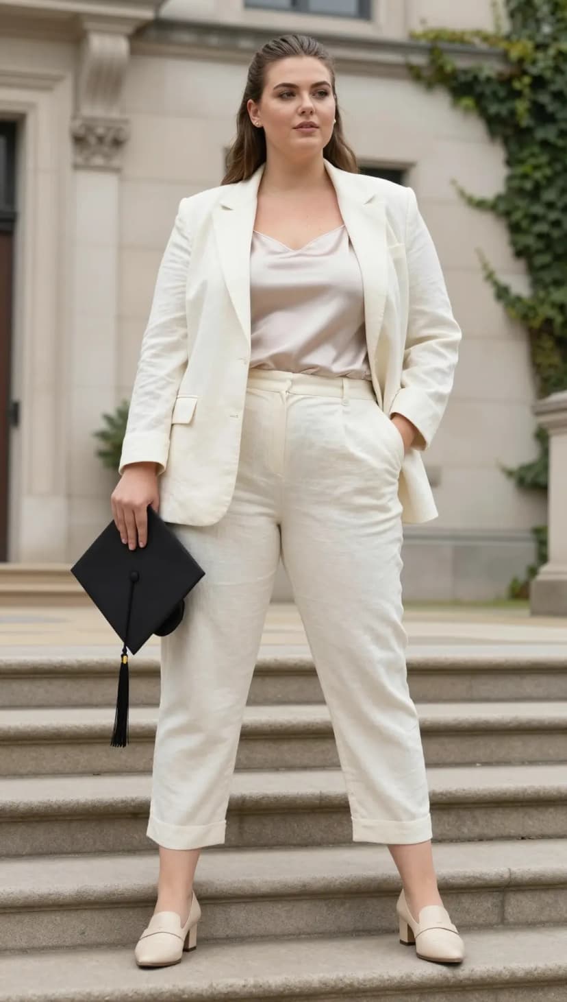 Cream Linen Blazer + Cream Linen Trousers + Champagne Satin Camisole + Cream Leather Loafers