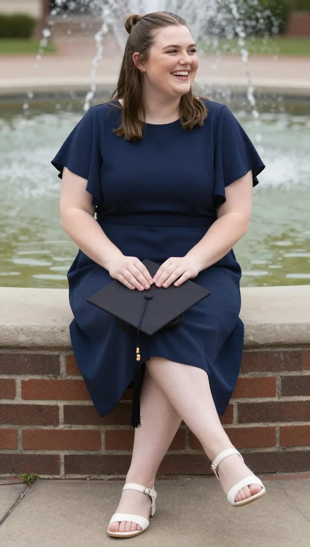 Navy Crepe Flutter Sleeve Dress + White Leather Block Heel Sandals