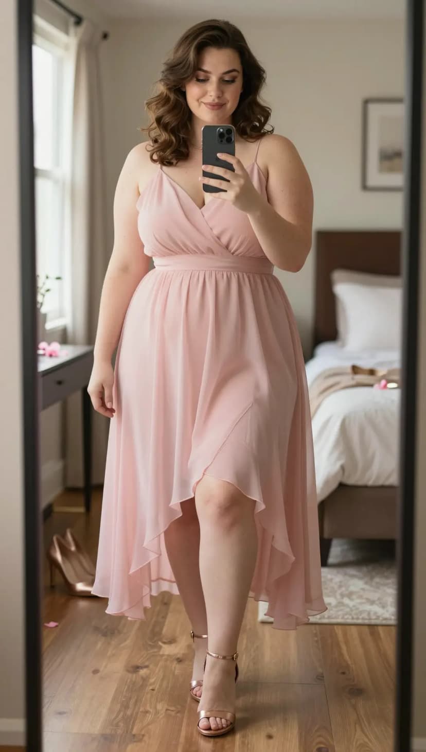Blush Chiffon High-Low Dress + Rose Gold Strappy Heels