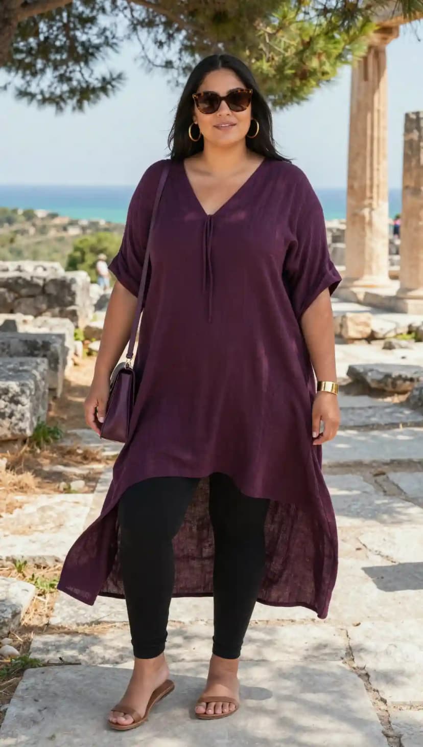 Plum Linen Tunic + Black Cotton Leggings + Brown Leather Sandals