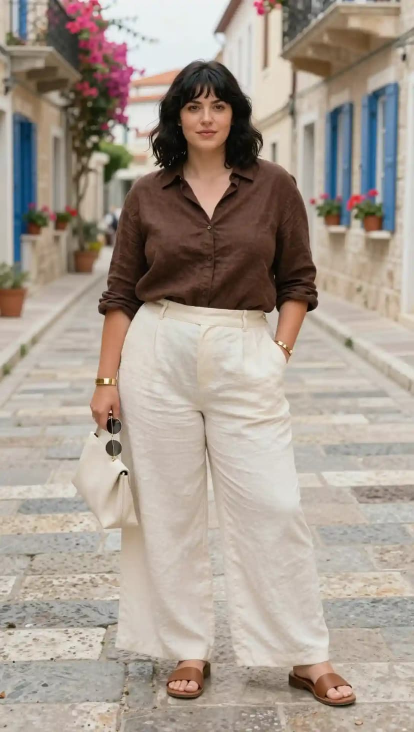 Brown Linen Button-Up Shirt + Cream Linen Wide-Leg Pants + Tan Leather Slides