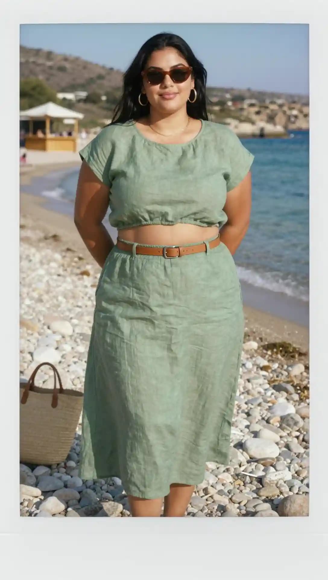 Sage Linen Crop Top + Sage Linen Midi Skirt + Brown Leather Belt