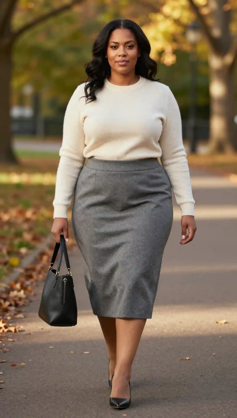 Cream Crew Neck Sweater + Grey Pencil Skirt + Black Pumps