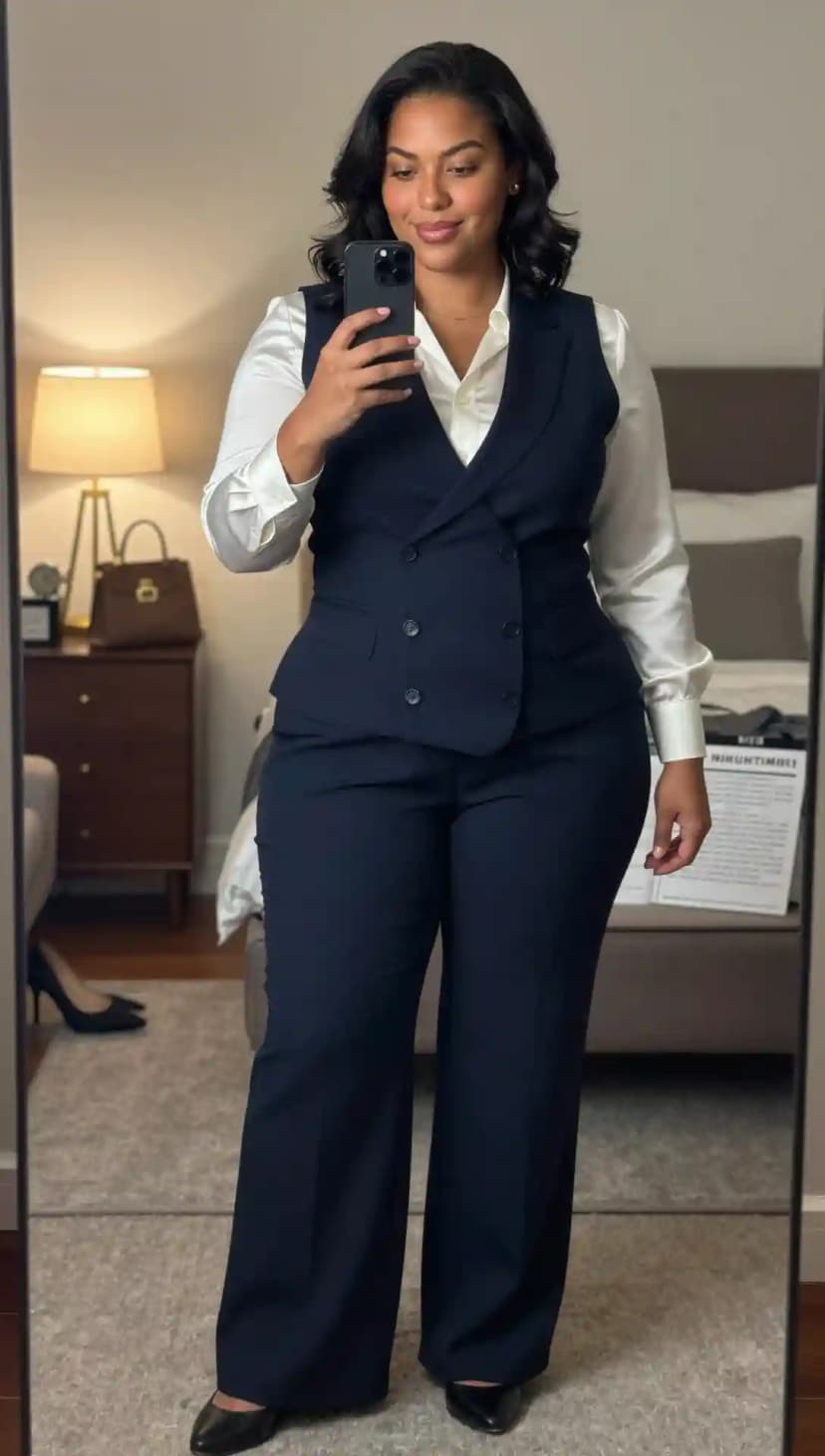 Navy Vest + White Satin Blouse + Navy Wide-Leg Trousers