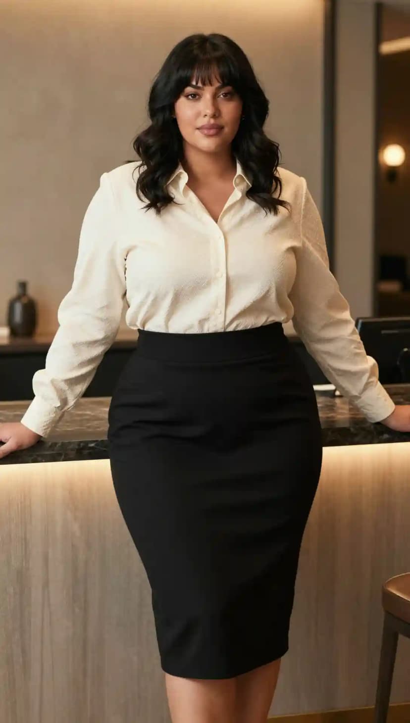 Cream Textured Button-Up Shirt + Black Pencil Skirt