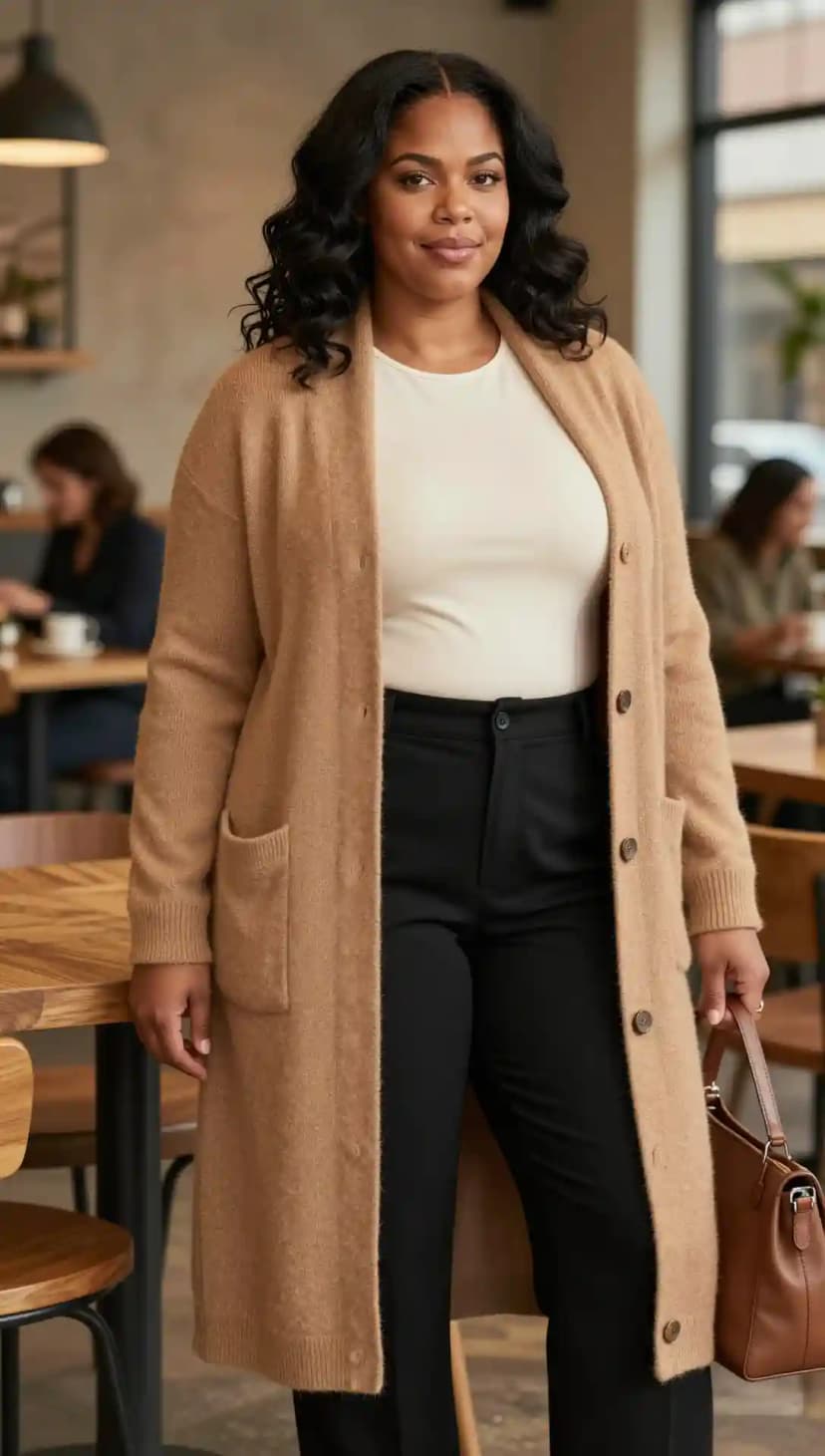 Cream Crew Neck Top + Camel Long Cardigan + Black Tailored Trousers