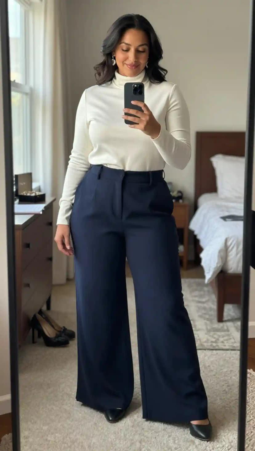 White Turtleneck Top + Navy Wide-Leg Trousers + Black Pointed-Toe Heels