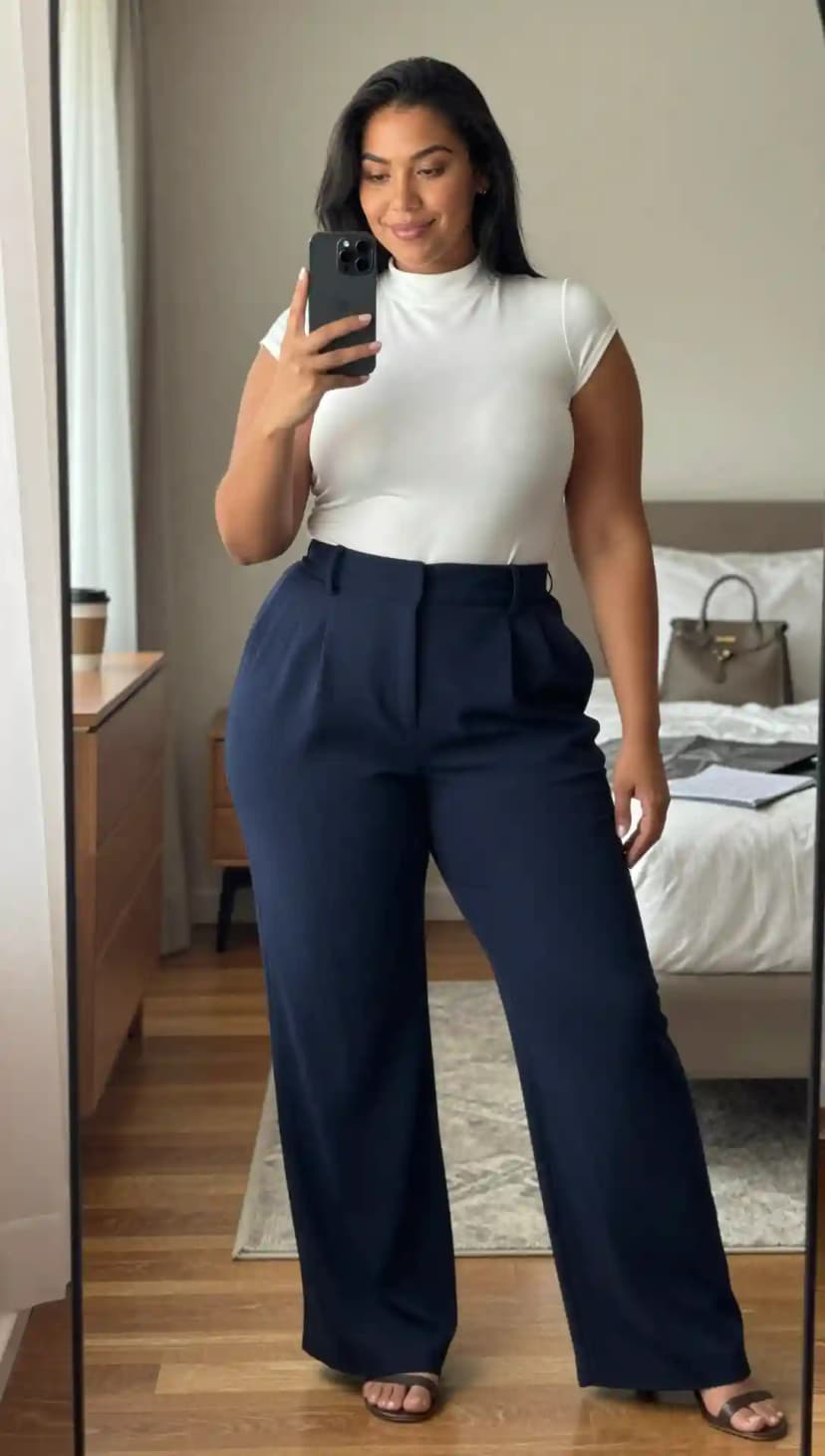 White Mock Neck Top + Navy Pinstripe Wide-Leg Trousers