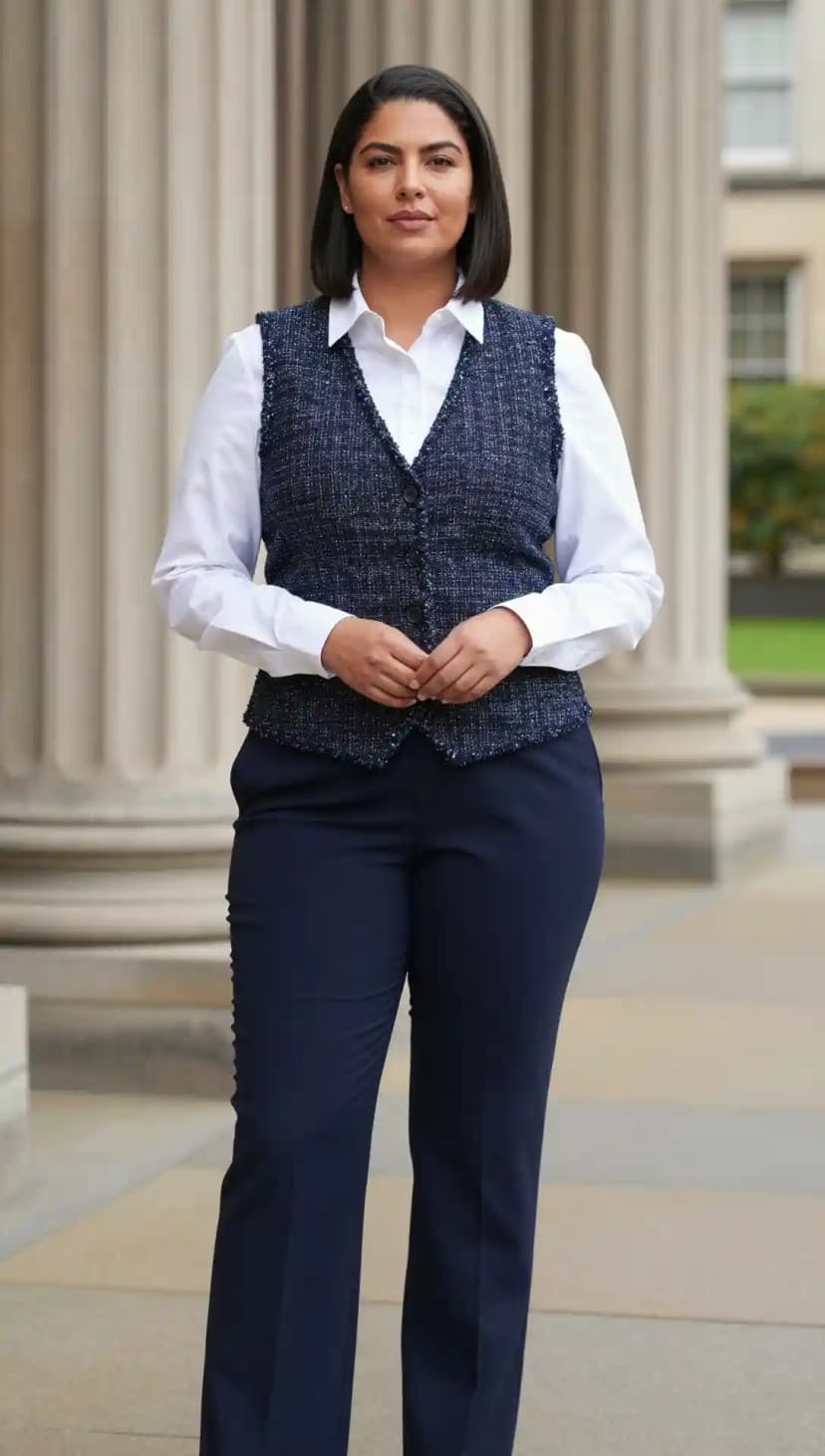 White Button-Down Shirt + Tweed Vest + Navy Tailored Trousers