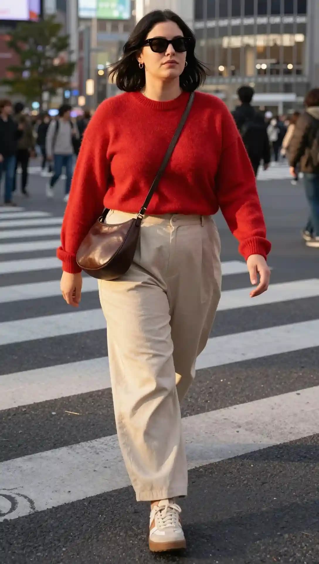 Red Knit Sweater + Beige Wide-Leg Trousers + Brown Shoulder Bag