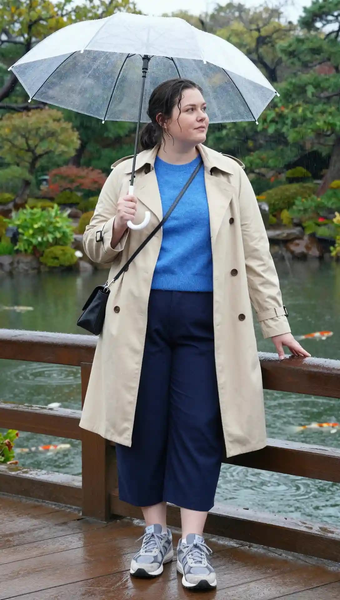 Beige Trench Coat + Blue Sweater + Navy Cropped Trousers