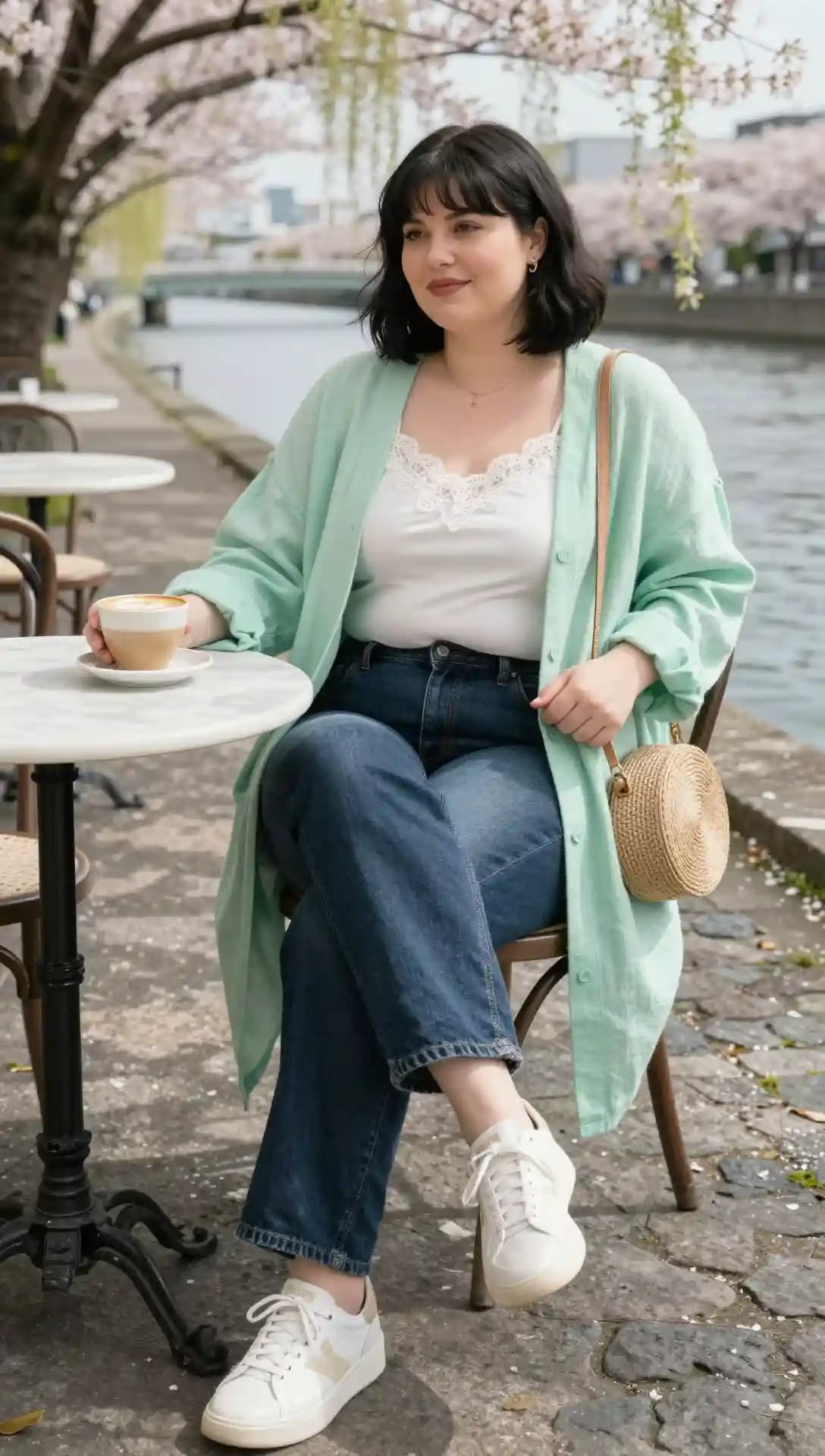Mint Green Kimono Cardigan + White Lace Trim Cami + Blue Jeans