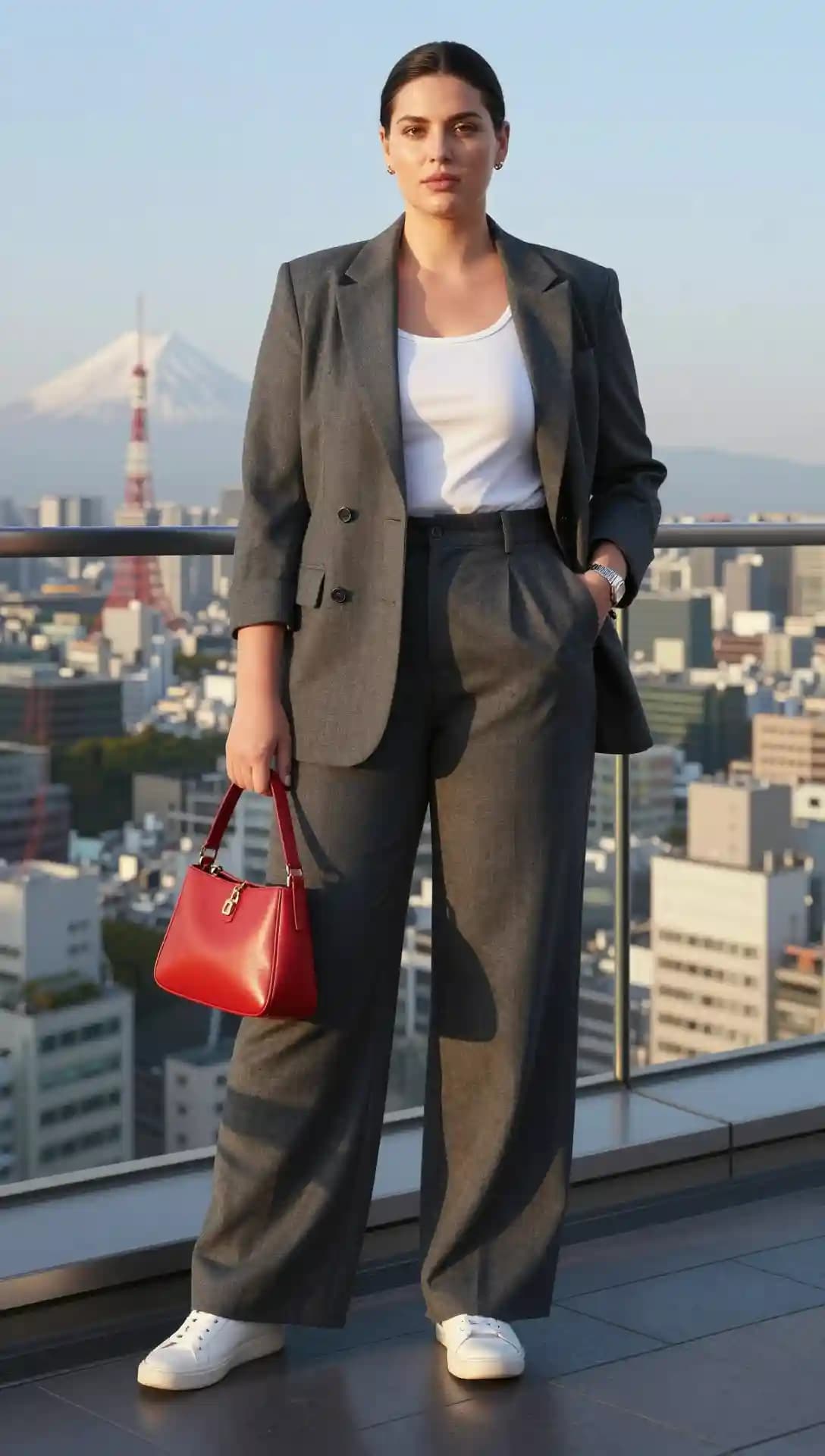 Grey Blazer + White T-Shirt + Grey Wide-Leg Trousers + White Sneakers