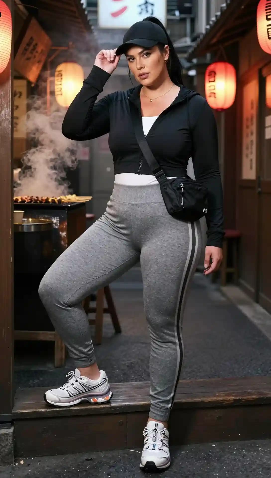 Black Hoodie + Grey Striped Joggers + White Sneakers