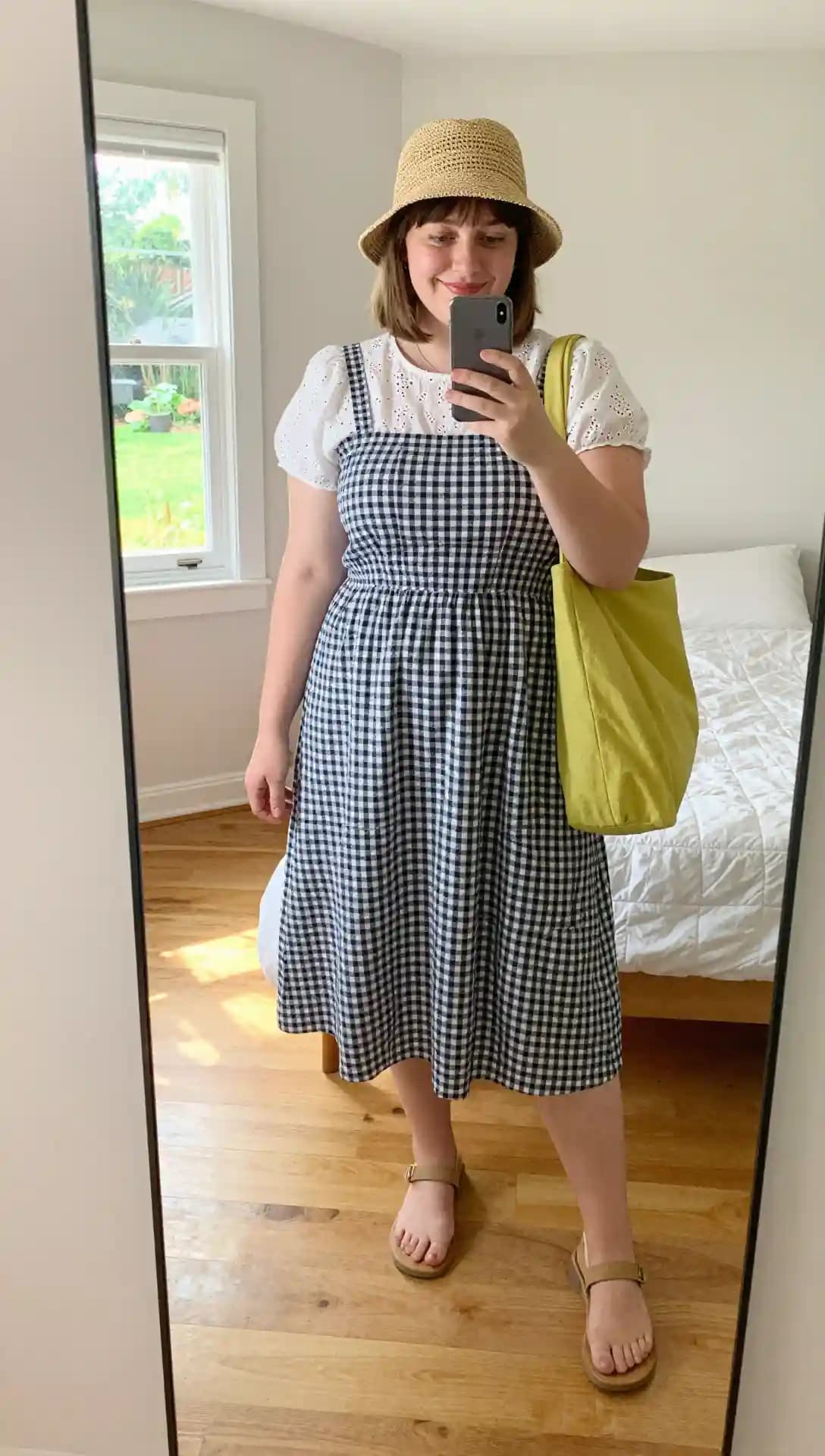 Gingham Pinafore Dress + White Puff-Sleeve Top + Straw Hat