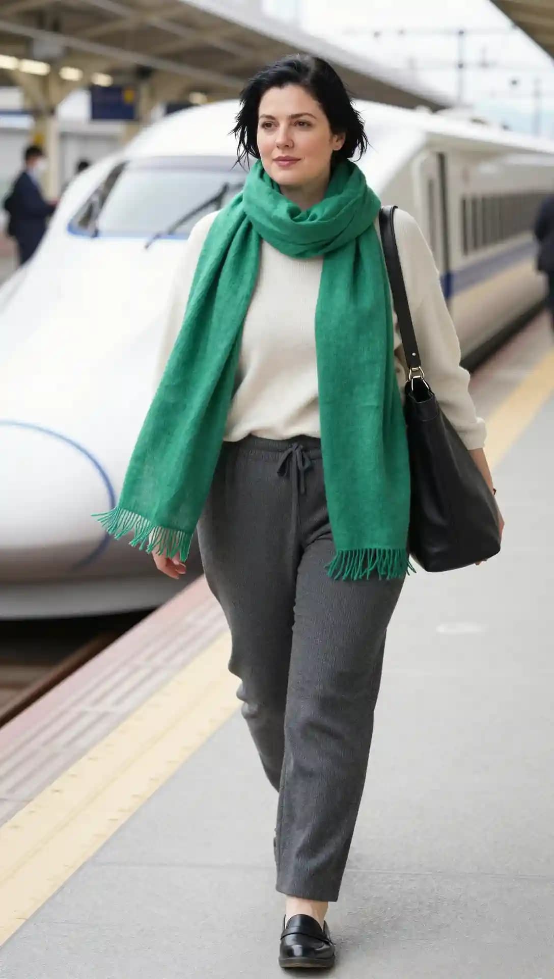 Cream Sweater + Grey Joggers + Green Scarf