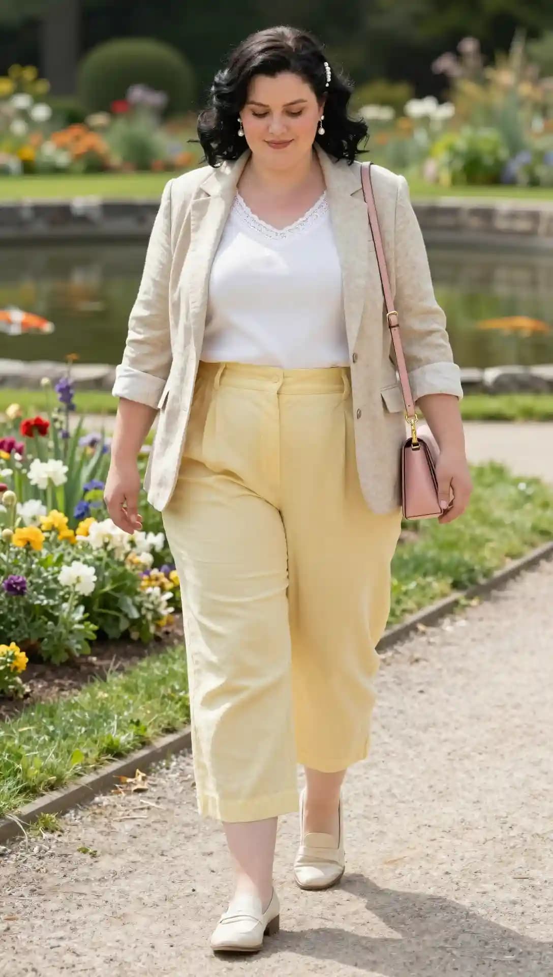 Beige Linen Blazer + White Lace Trim Cami + Yellow Cropped Trousers