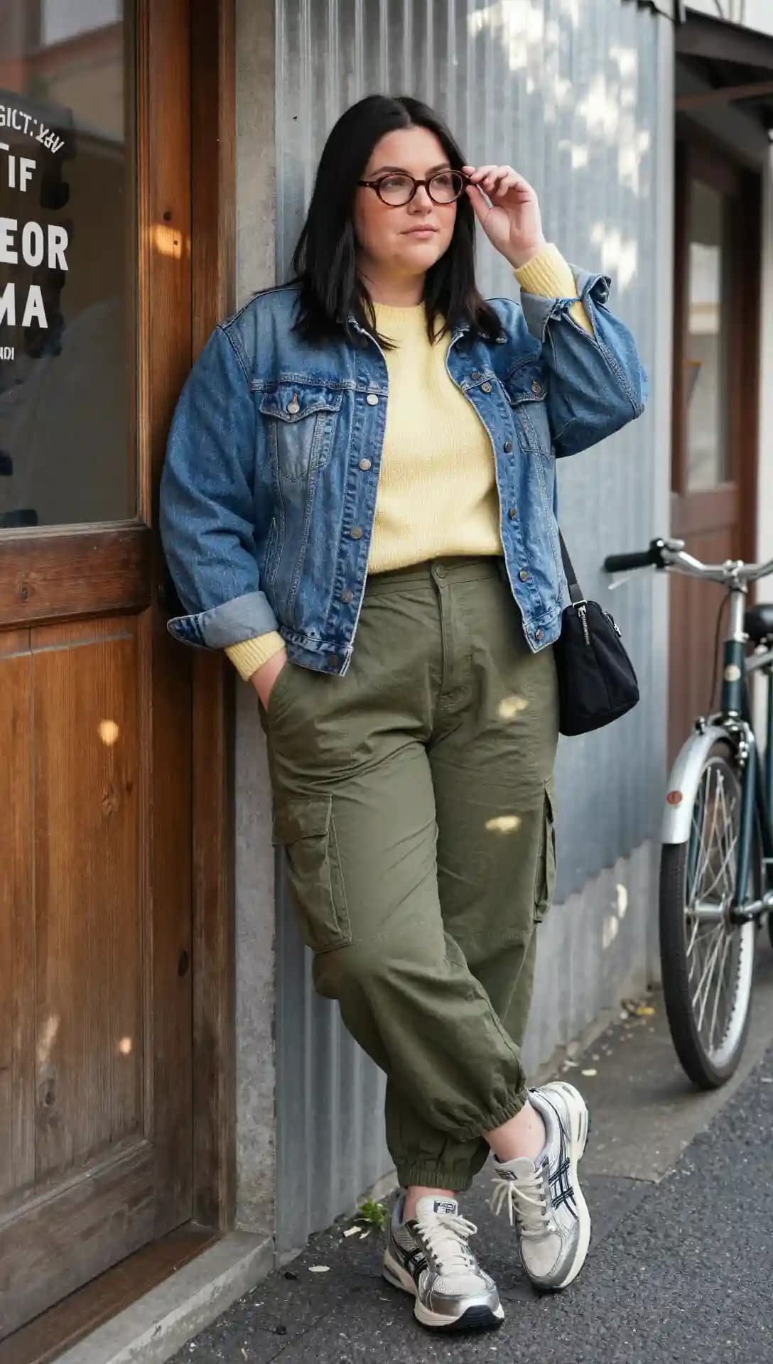 Denim Jacket + Yellow Knit Sweater + Olive Cargo Pants
