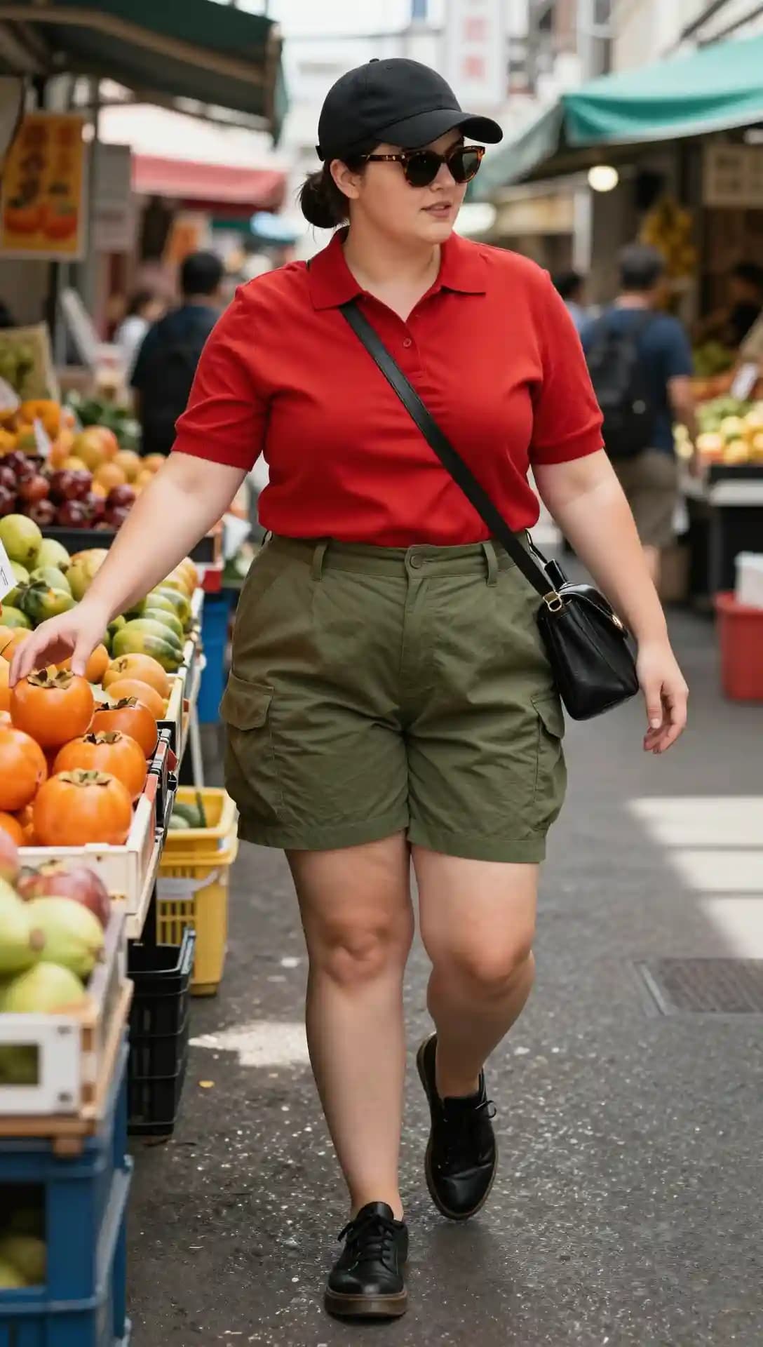 Red Polo Shirt + Olive Cargo Shorts + Black Sneakers