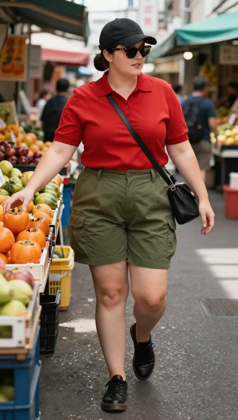Red Polo Shirt + Olive Cargo Shorts + Black Sneakers