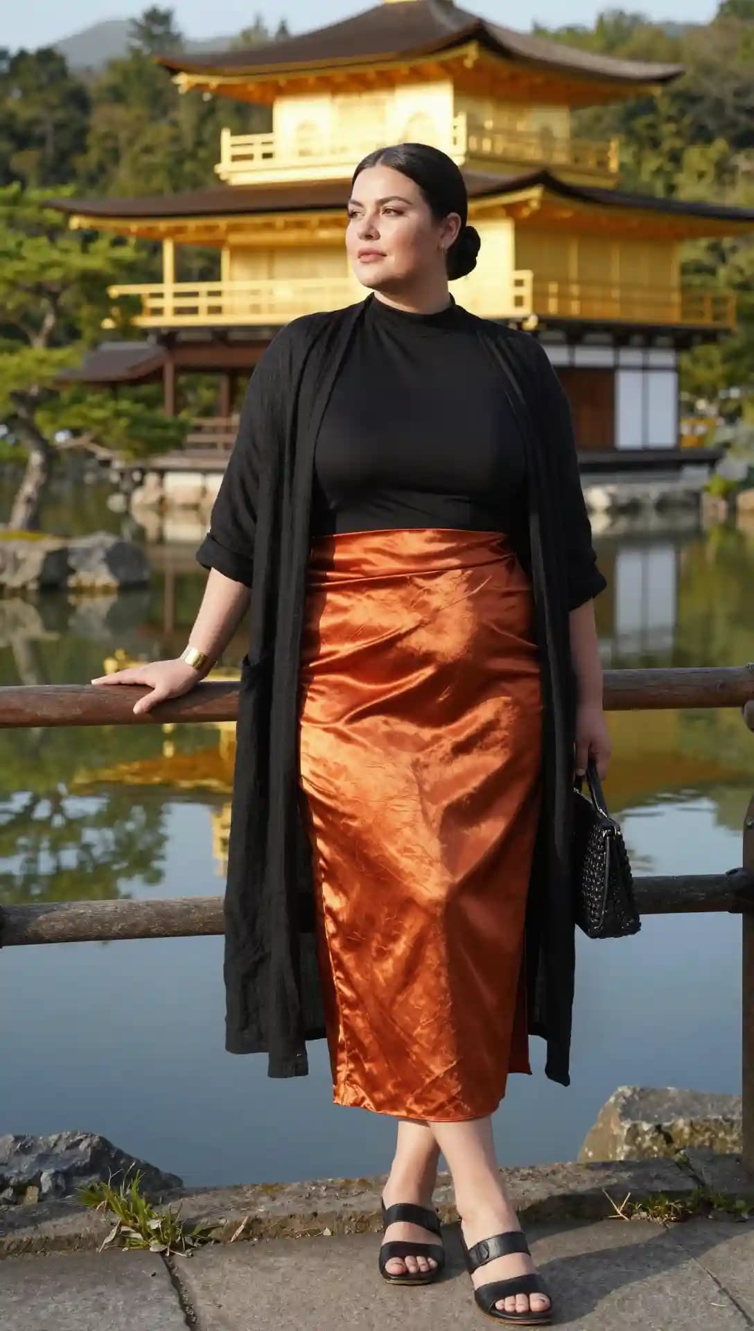 Black Longline Cardigan + Black T-Shirt + Orange Satin Skirt