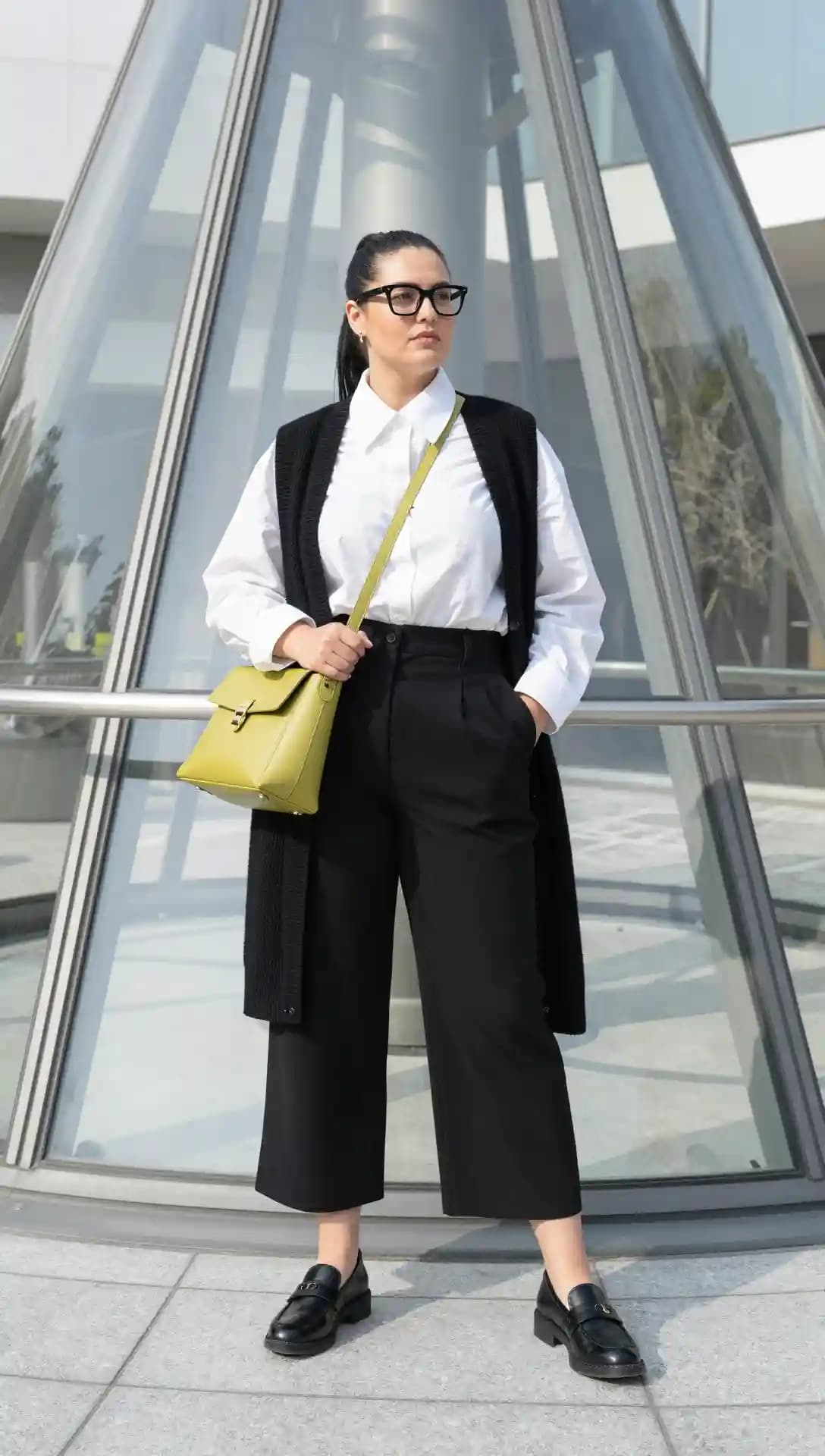 Black Sleeveless Vest + White Button-Up Shirt + Black Cropped Trousers