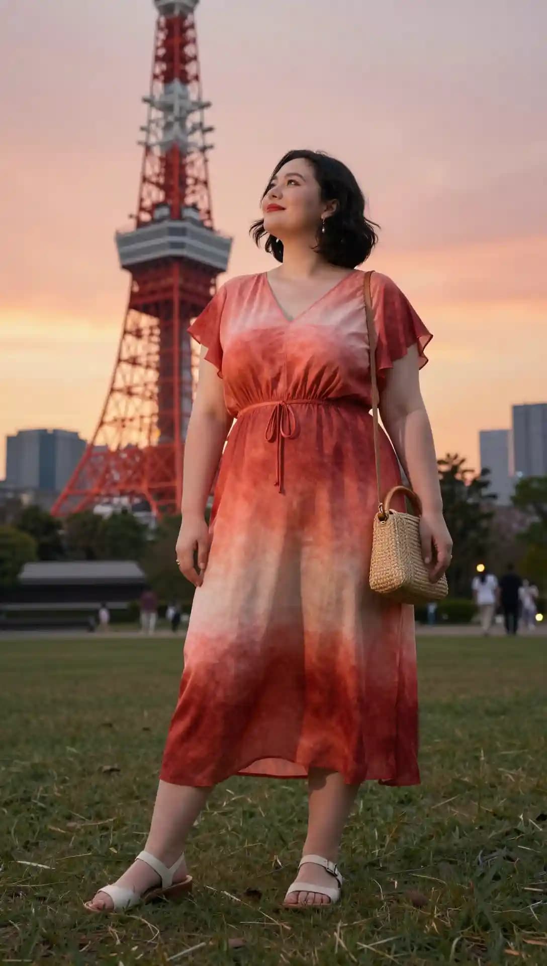 Red Tie-Dye Midi Dress + White Sandals + Straw Bag