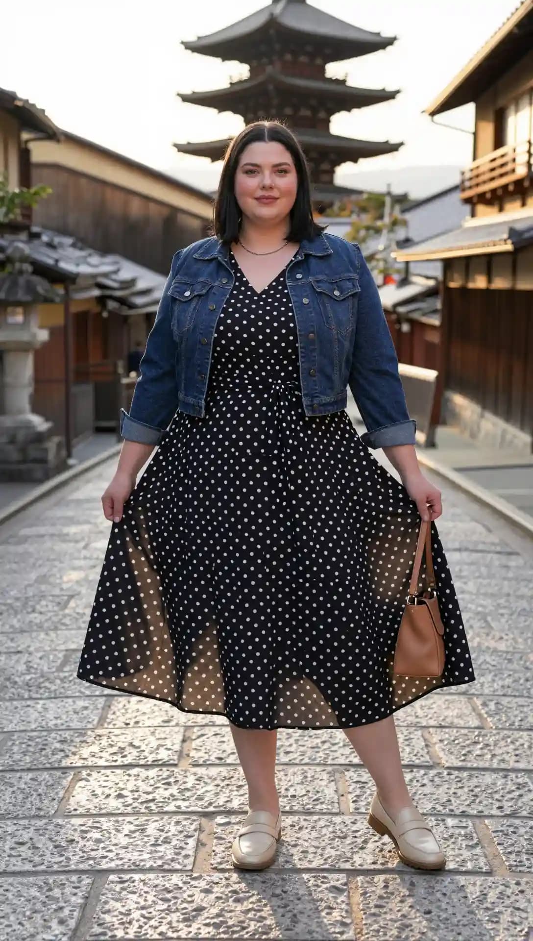 Denim Jacket + Polka Dot Midi Dress + Tan Loafers