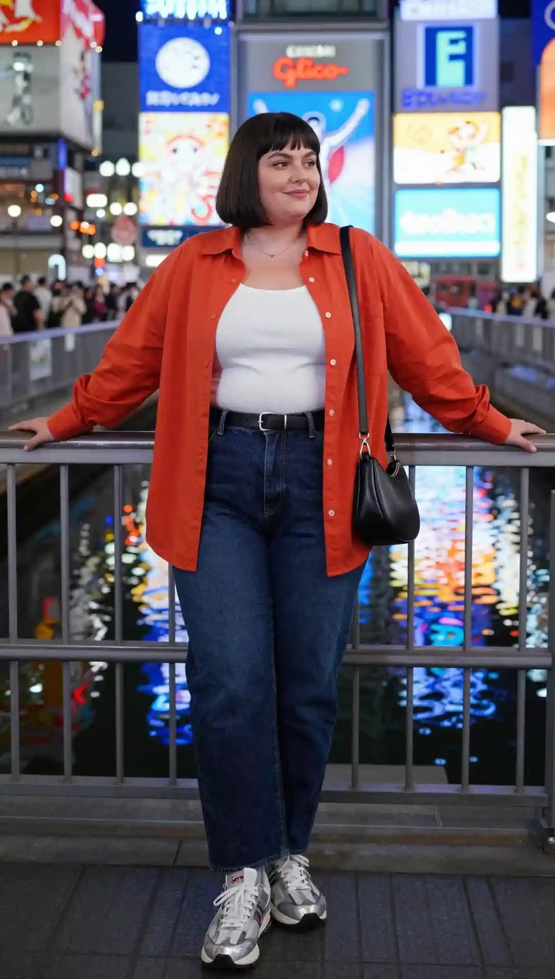 Orange Linen Shirt + White Tank Top + Dark Wash Jeans