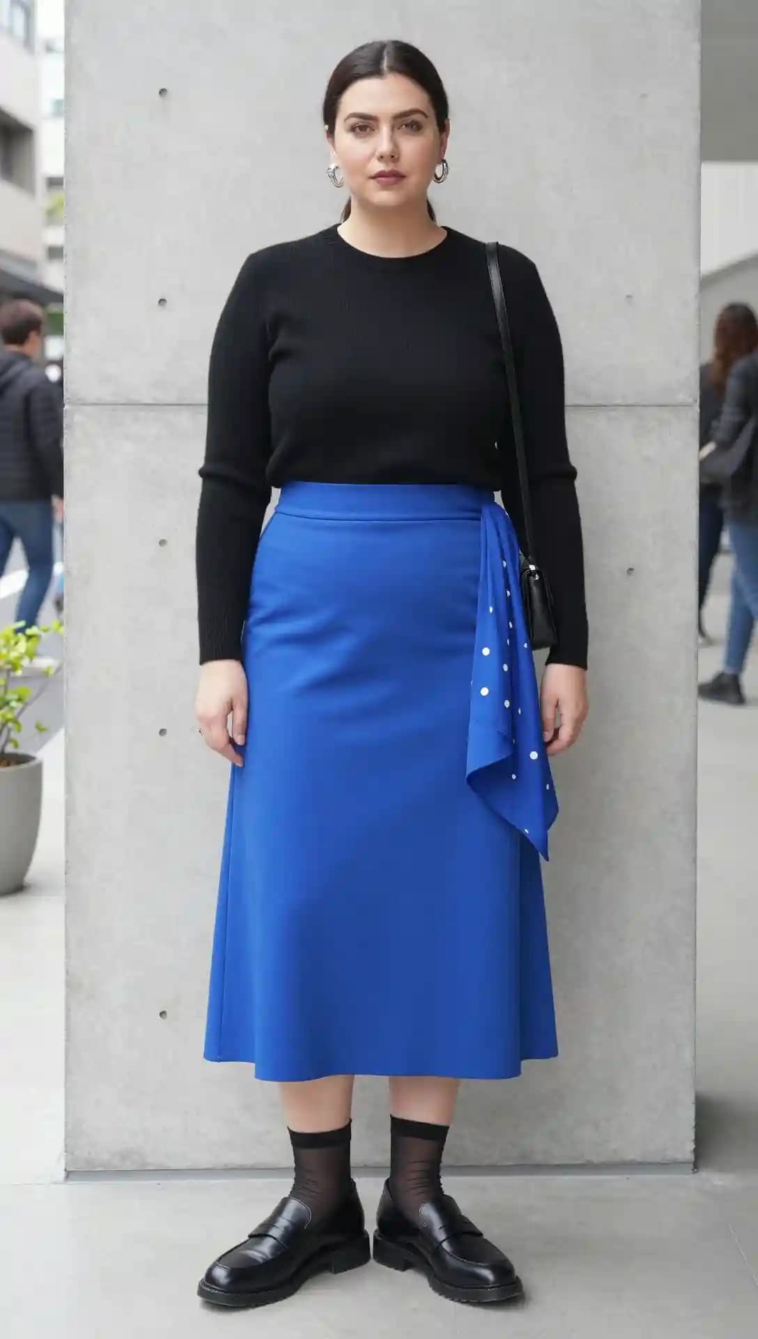 Black Crewneck Sweater + Royal Blue Wrap Skirt + Black Loafers