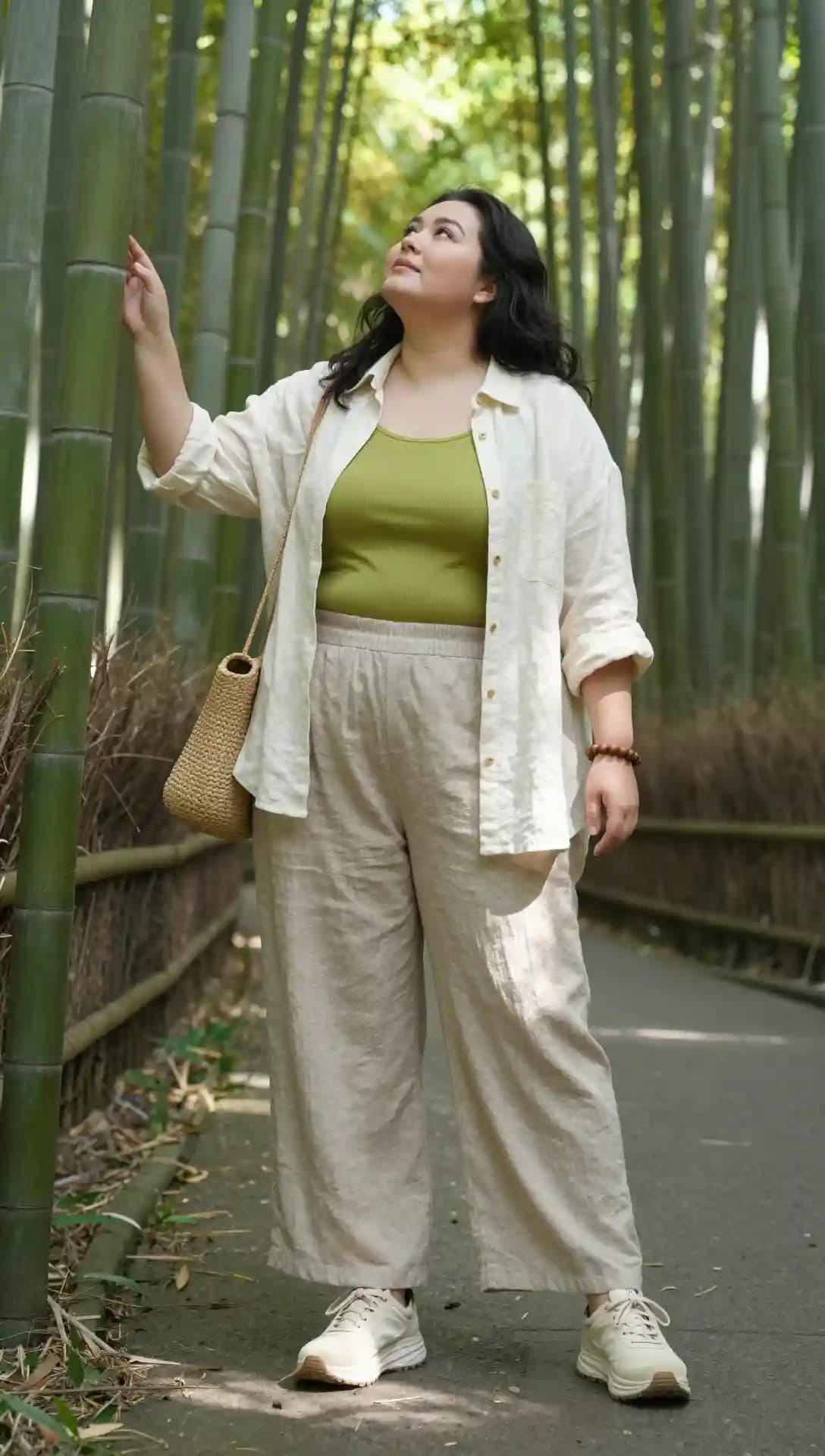 Linen Shirt + Green Ribbed Tank Top + Beige Wide-Leg Pants