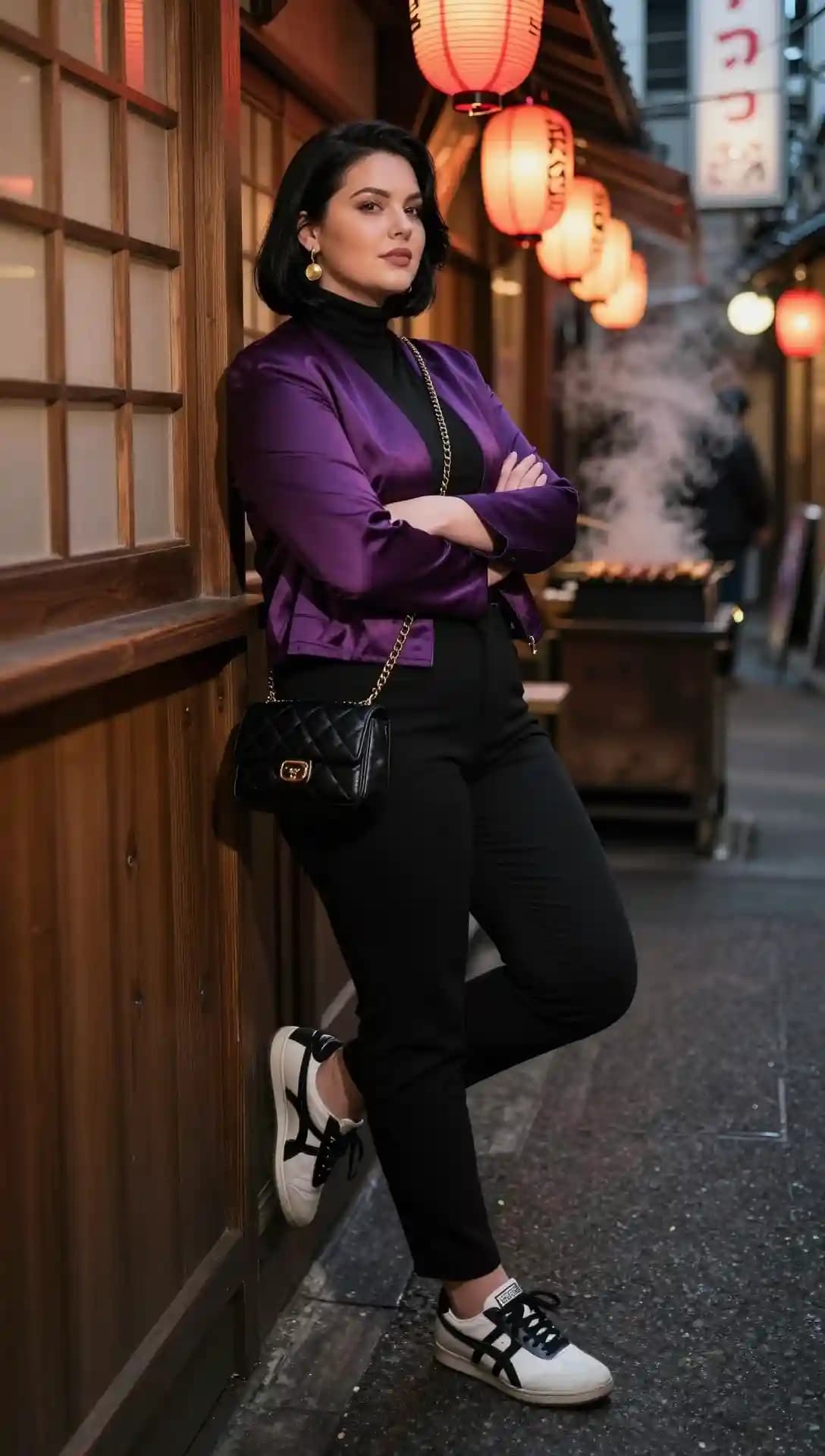 Purple Satin Bomber Jacket + Black Turtleneck Top + Black Trousers