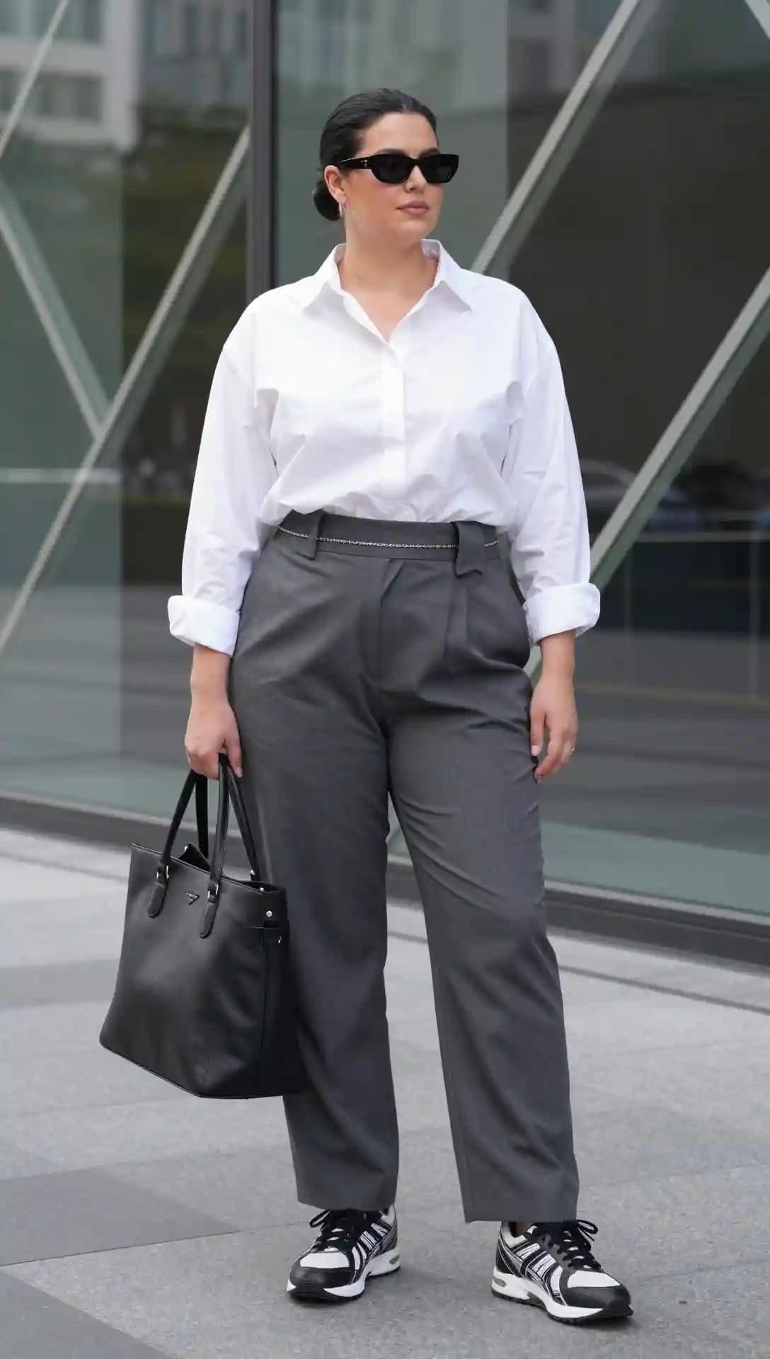 White Button-Up Shirt + Grey Wide-Leg Trousers + Black Tote Bag