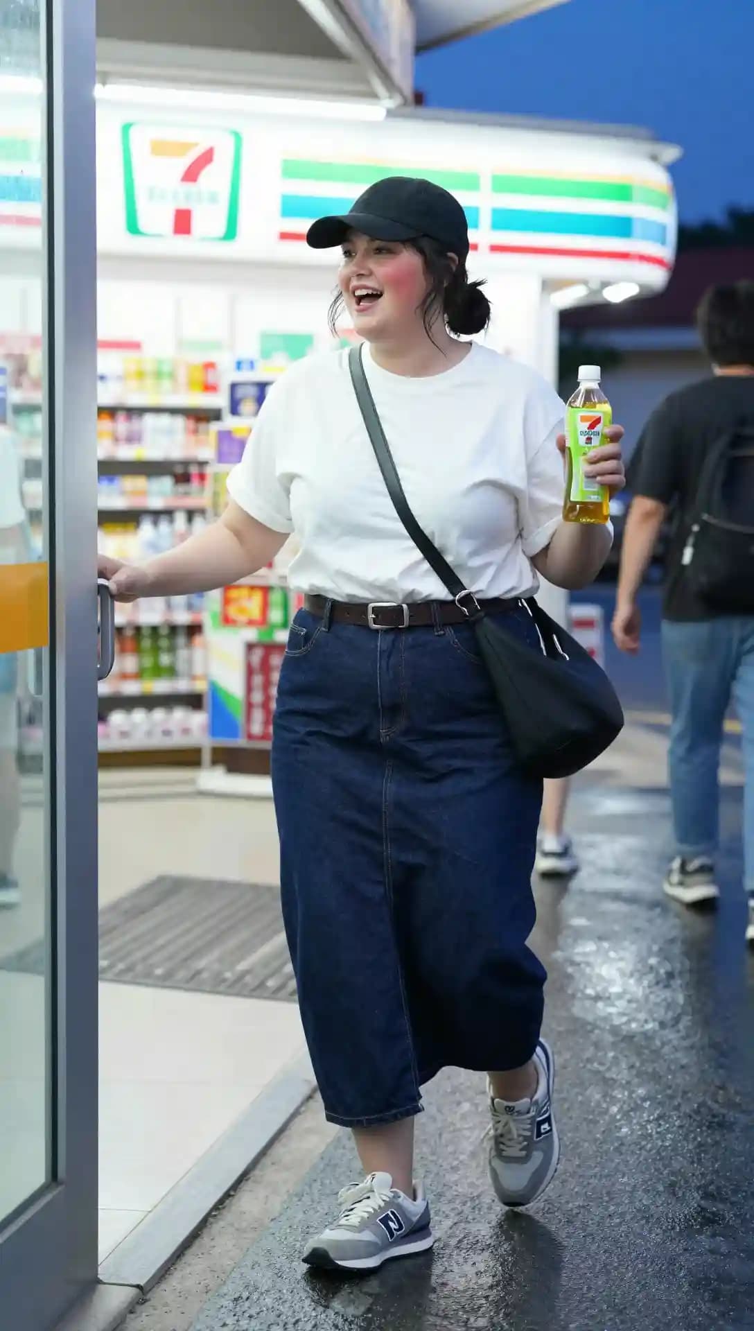 White T-Shirt + Denim Midi Skirt + Black Baseball Cap