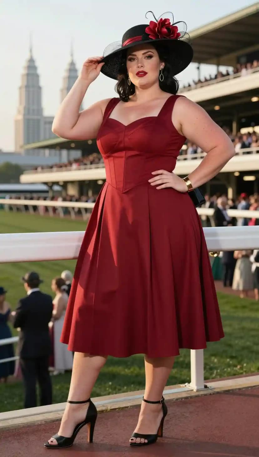 Burgundy Satin Corset Dress + Black Grosgrain Hat
