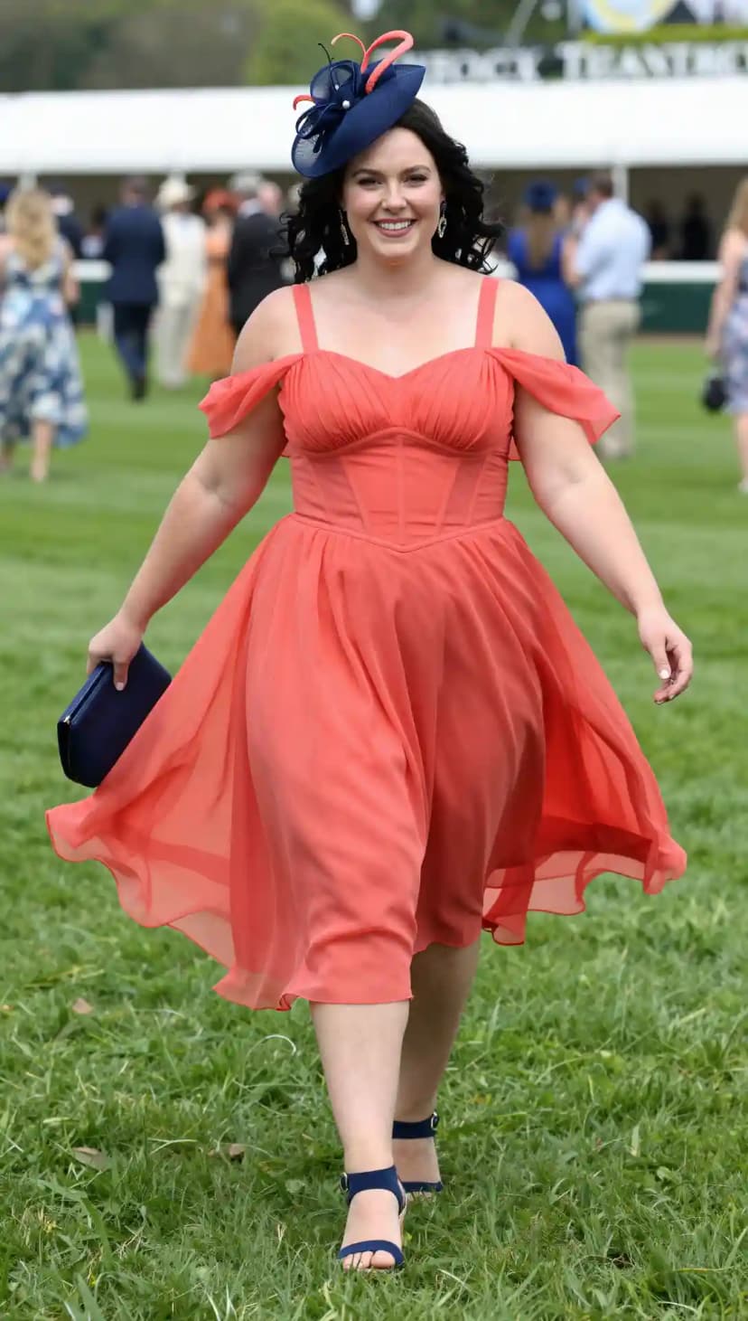 Coral Chiffon Off-the-Shoulder Dress + Navy Suede Block Heels + Navy Clutch