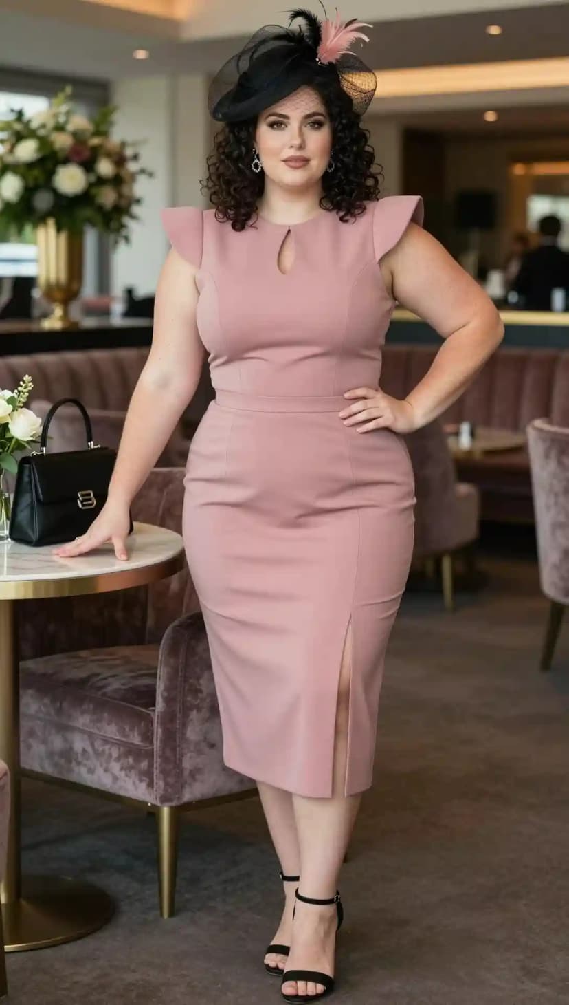 Dusty Rose Crepe Sheath Dress + Black Strappy Heels + Black Clutch Bag