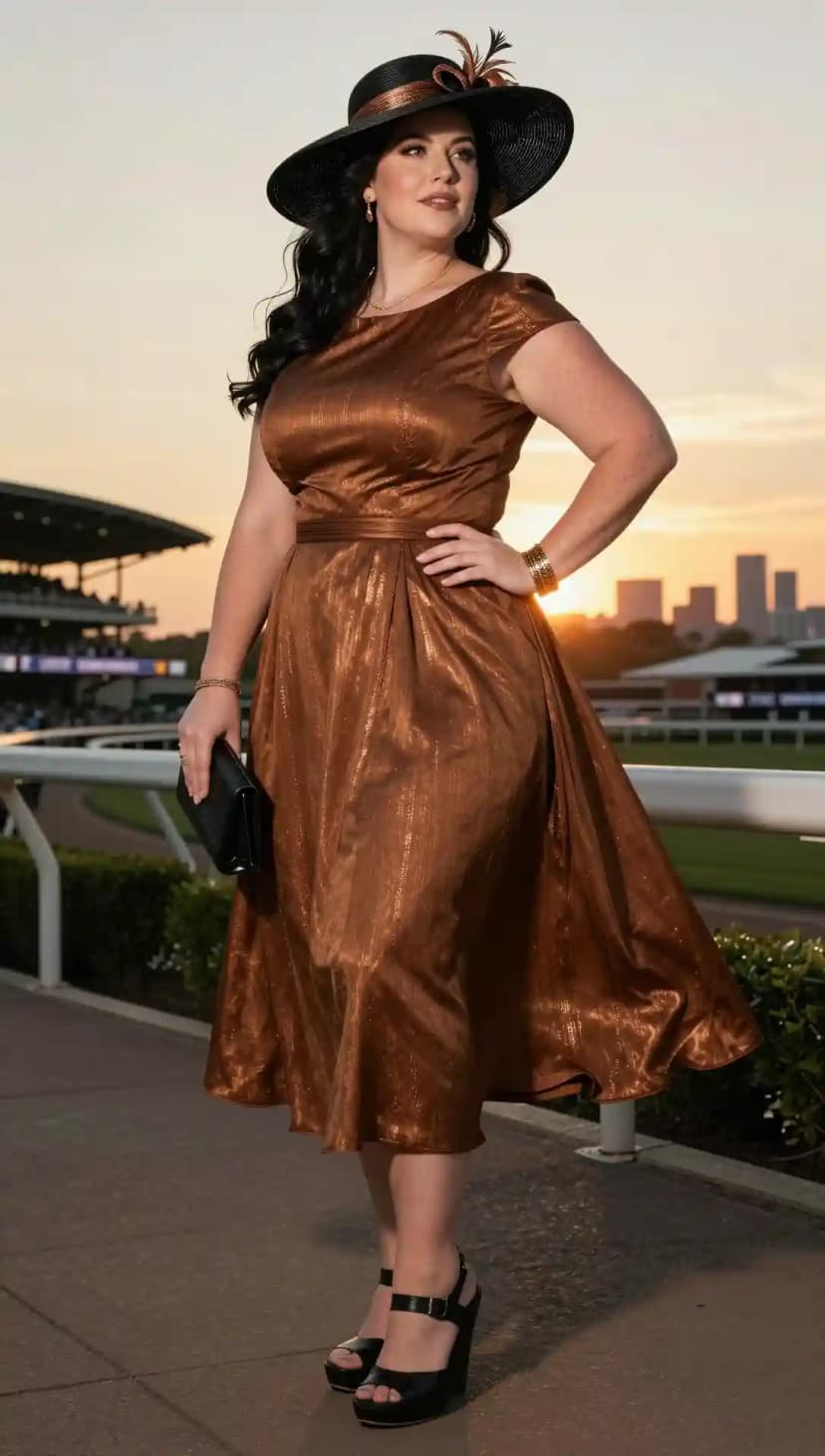 Brown Metallic Sheath Dress + Black Wide-brimmed Hat
